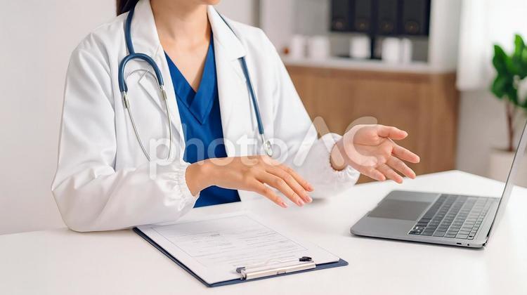 説明を行う女性医師の手元 医者,医師,女性の写真素材