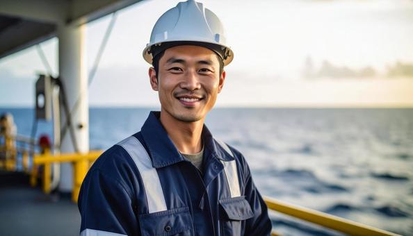 海上で働く笑顔の若い日本人男性作業員写真 海上で働く笑顔の若い日本人男性作業員写真の写真