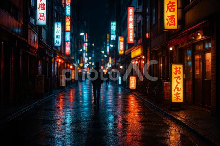 ネオン輝く夜の路地裏の風景・夜景・店舗街 ネオン,夜の路地裏,夜景の写真素材