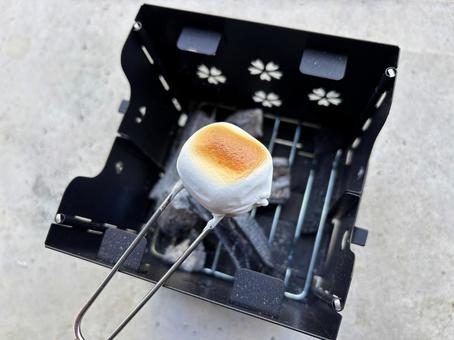 焼きマシュマロ キャンプ,料理,コンロの写真素材