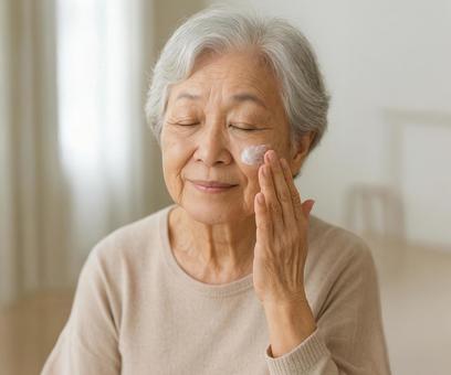 エイジングケアを行うシニア女性の笑顔の写真