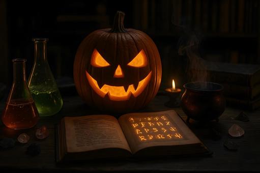 薬瓶と微笑む南瓜灯の写真