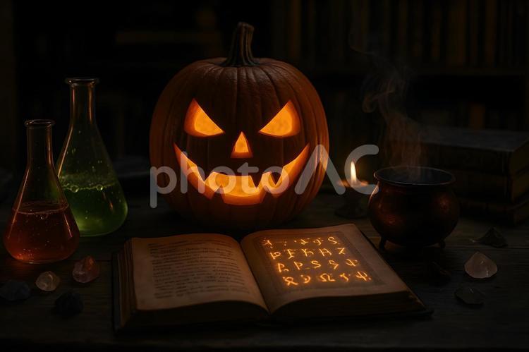 薬瓶と微笑む南瓜灯 ハロウィン,ジャックオーランタン,魔導書の写真素材