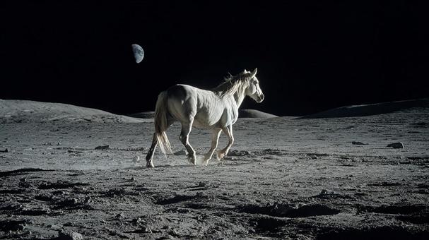 月面を疾走する馬のシュールなイメージ 月面を疾走する馬のシュールなイメージの写真
