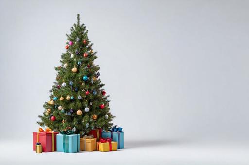 プレゼントが置いているクリスマスツリー プレゼントが置いているクリスマスツリーの写真