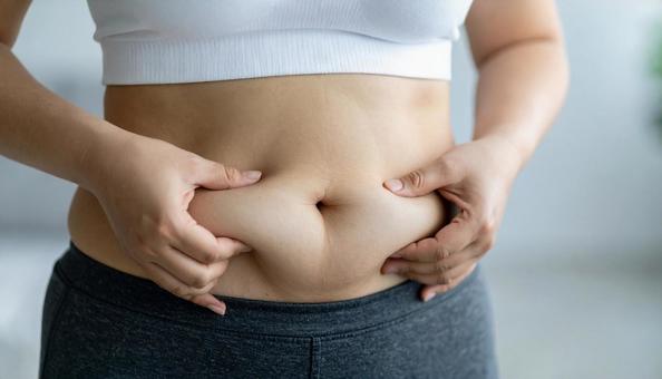 肥満でたるむお腹の贅肉をつまんでいる女性 肥満でたるむお腹の贅肉をつまんでいる女性の写真