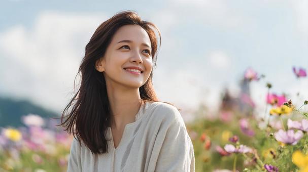 花畑の中で穏やかな時間を過ごす美しい女性 花畑の中で穏やかな時間を過ごす美しい女性の写真