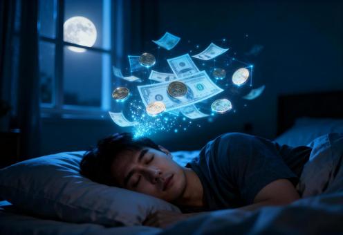 ベッドで眠る男性の頭上に舞うお金 ベッドで眠る男性の頭上に舞うお金の写真