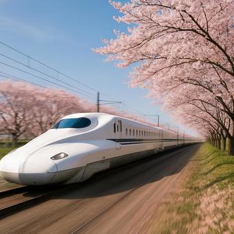桜並木と新幹線 桜並木と新幹線の写真