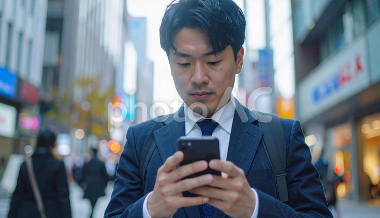 スマホを操作するビジネスマン 男性,ビジネスマン,サラリーマンの写真素材