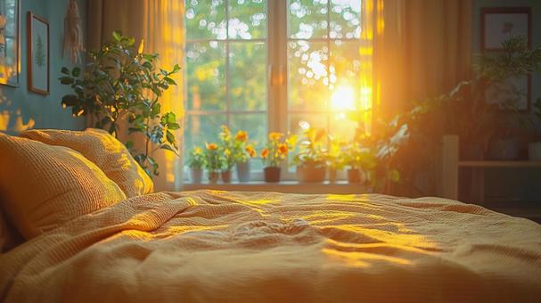 Wake up with an alarm clock, an alarm clock, bedside, sunrise, JPG