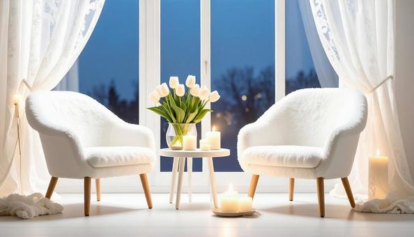 白いチューリップを飾る、夜の部屋の写真