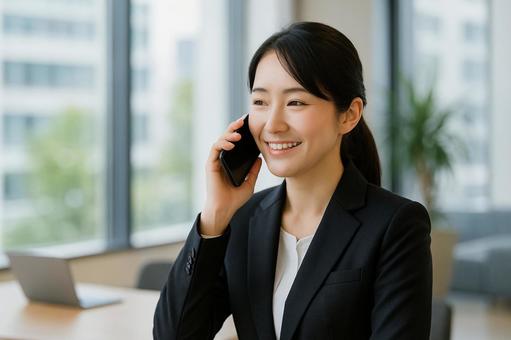 電話応対するスーツ女性 電話応対するスーツ女性の写真