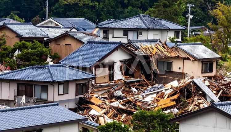 大地震の後、倒れている住宅 住宅,地震,震災の写真素材