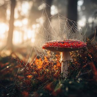 鮮やかな赤と蜘蛛の巣の接写 鮮やかな赤と蜘蛛の巣の接写の写真