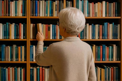 図書館で本を探す高齢女性の後ろ姿・読書 図書館で本を探す高齢女性の後ろ姿・読書の写真