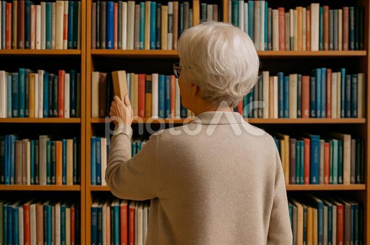 図書館で本を探す高齢女性の後ろ姿・読書 図書館,高齢女性,読書の写真素材