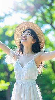 健康的な女性深呼吸 健康的な女性深呼吸の写真