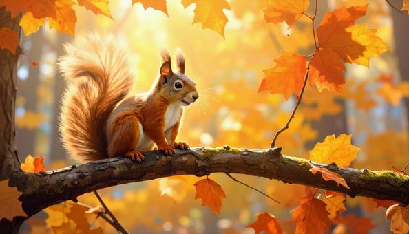 紅葉とリス 紅葉とリスの写真