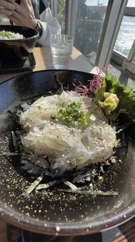 新鮮な生しらす丼と海 しらす丼,海,水平線の写真素材