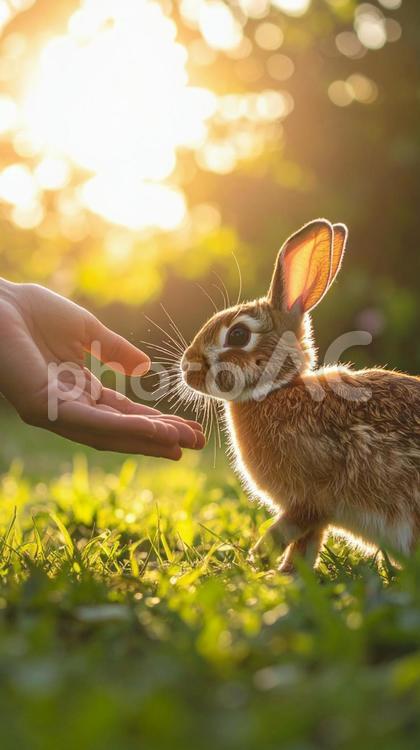 夕日に照らされたうさぎと手 うさぎ,動物,草原の写真素材