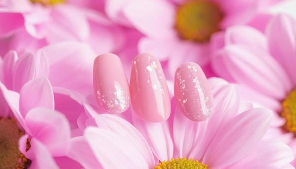 ピンクの花の上に置かれたネイルチップ ピンクの花の上に置かれたネイルチップの写真