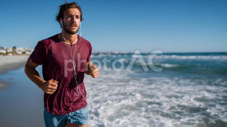 健康的なライフスタイル：海でのジョギング ジョギング,男性,ビーチの写真素材