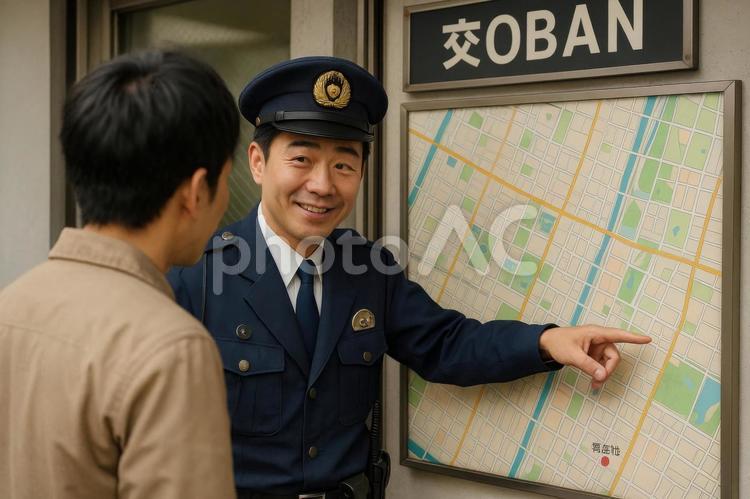 道案内をする交番勤務の警察官 警察官,日本,交番の写真素材