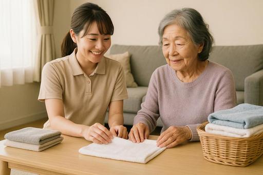 認知症ケアで洗濯物をたたむ支援シーンの写真