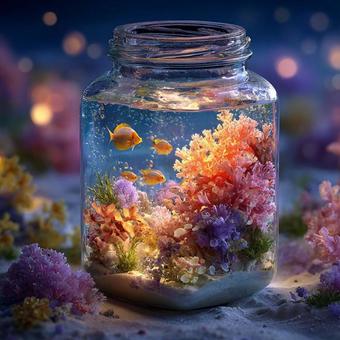 瓶の中の小さなアクアリウムの写真