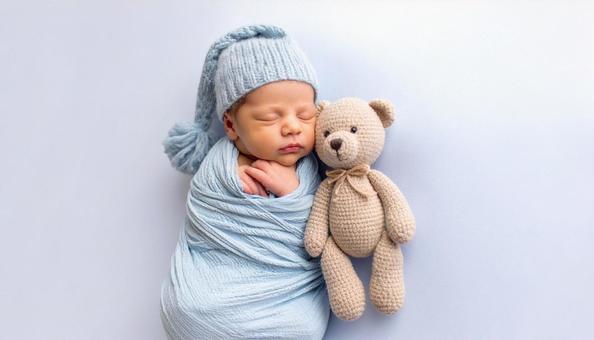 眠る赤ん坊と熊のぬいぐるみのベビーフォト 眠る赤ん坊と熊のぬいぐるみのベビーフォトの写真