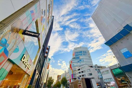 夕方の明治通りと原宿のビル群 青空,空,ブルースカイの写真素材