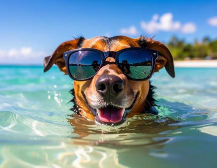 サングラスをかけて海水浴を楽しむ犬3 サングラスをかけて海水浴を楽しむ犬3の写真