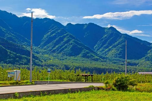 夏の雄大な北アルプスの裾野を走る道路 夏の雄大な北アルプスの裾野を走る道路の写真