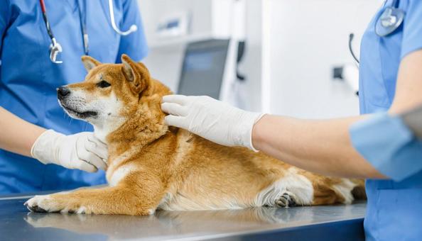 獣医と診察される犬 獣医と診察される犬の写真