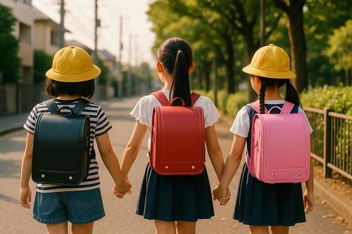 下校中の小学生の女の子3人組 下校中の小学生の女の子3人組の写真