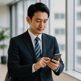 スマホでスケジュールを確認する中堅社員の写真