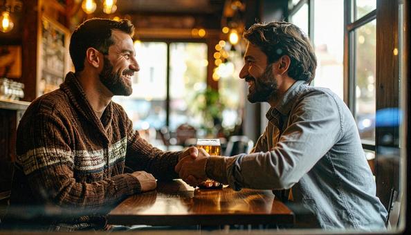 パブで握手してあいさつする外国人男性二人 パブで握手してあいさつする外国人男性二人の写真