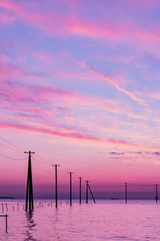 マジックアワー 海中電柱,夕陽,日没の写真素材