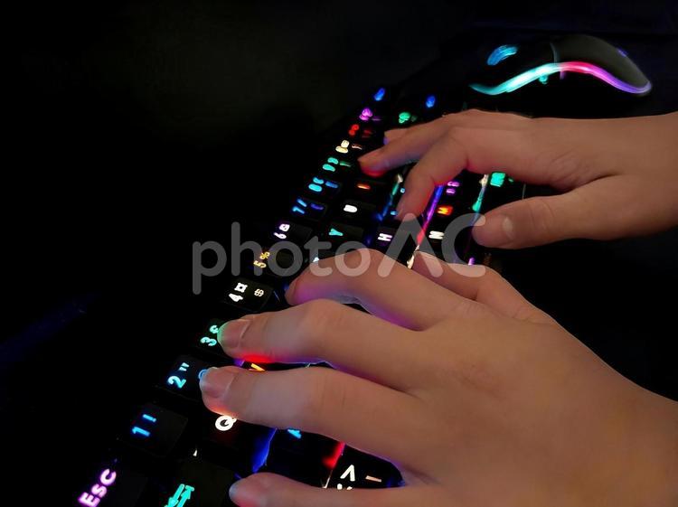 ゲーミングキーボードをタイピングする手元 ゲーミングキーボード,ゲーム,ゲーマーの写真素材