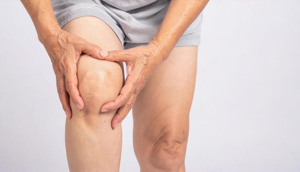 膝が痛んで手で押さえる日本人の中年女性 膝が痛んで手で押さえる日本人の中年女性の写真