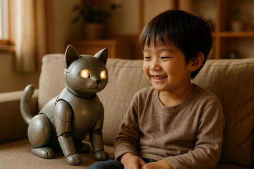 猫型ロボットと触れ合う子供の写真