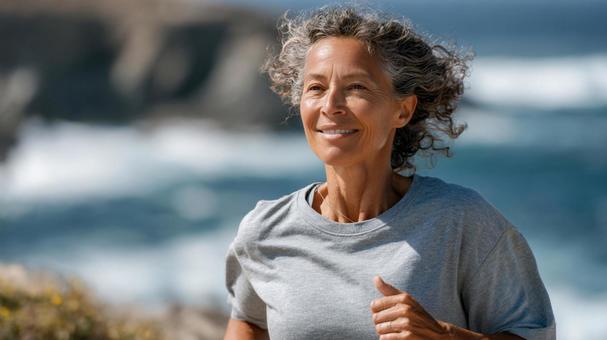 海沿いの場所でランニングするシニア女性 海沿いの場所でランニングするシニア女性の写真