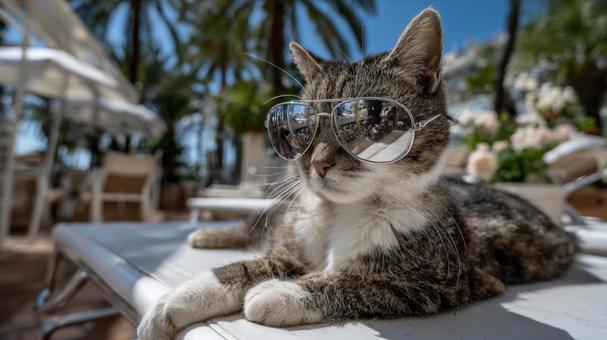 サングラスをかけてくつろぐおしゃれな猫 サングラスをかけてくつろぐおしゃれな猫の写真
