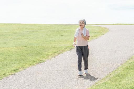 公園で散歩・ウォーキングをするシニア女性 高齢者,運動,ウォーキングの写真素材