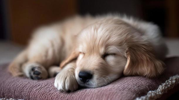 クッションで眠るゴールデンレトリバー子犬 クッションで眠るゴールデンレトリバー子犬の写真