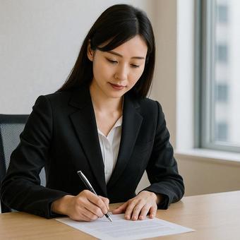 契約書にサインするスーツ姿の女性の写真