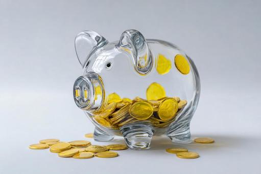 貯蓄の成果が見えるガラスの貯金箱とコイン 貯蓄の成果が見えるガラスの貯金箱とコインの写真