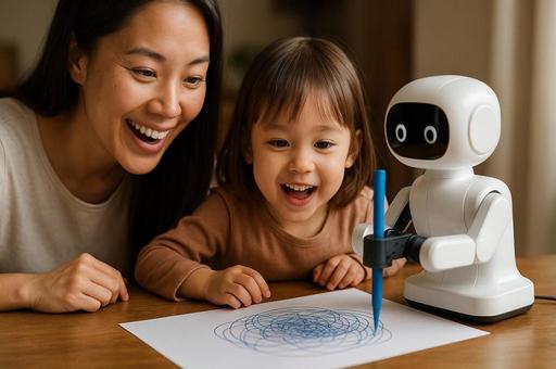 ロボットと子供の共同制作の写真