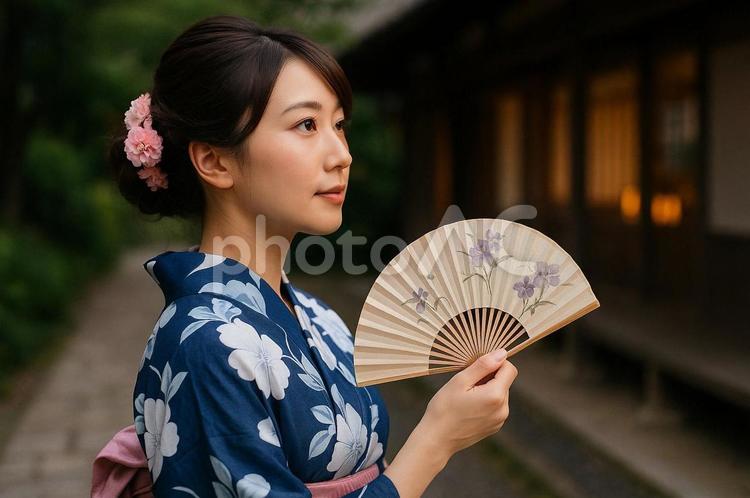 扇子を持つ浴衣の女性 女性,浴衣,和服の写真素材